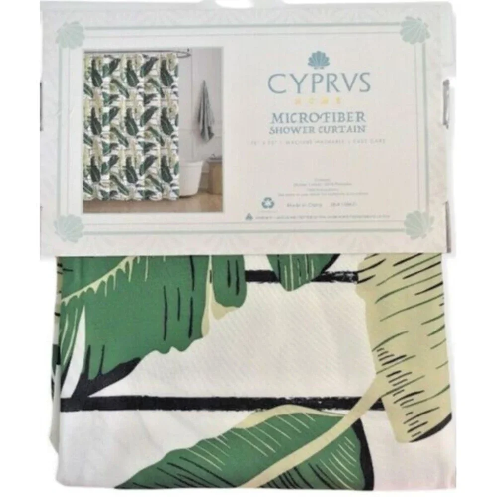 Palm Leaves Fabric Shower Curtain Beach House Green White Tropical 70x72
